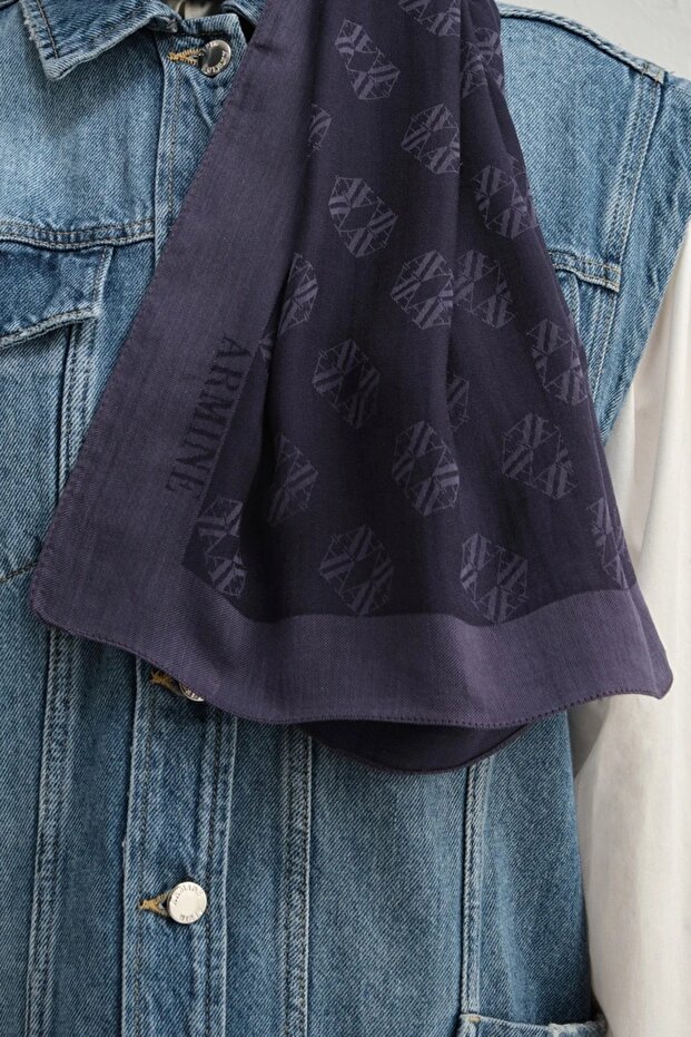 Lyocell İpek Şal 1 Monogram Morcivert-3293 - 2