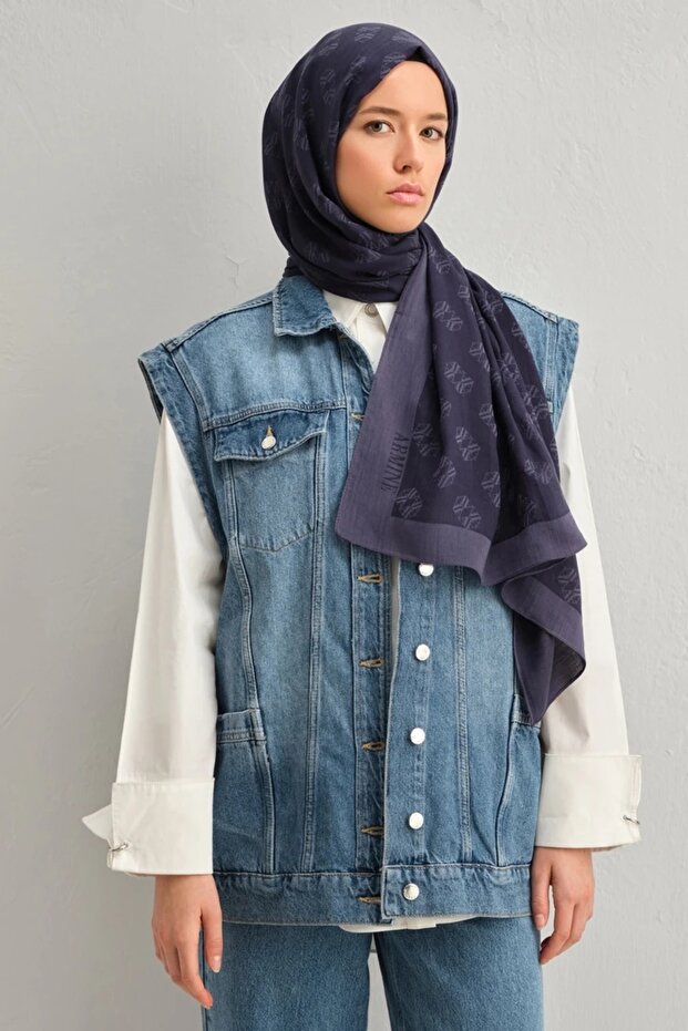 Lyocell İpek Şal 1 Monogram Morcivert-3293 - 1