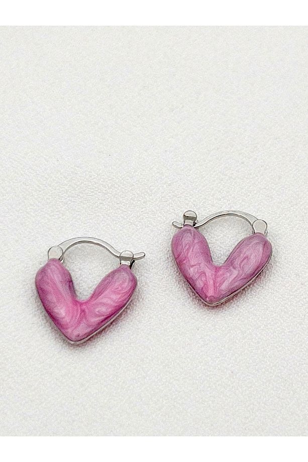 Pembe Mineli Minimal Çelik Kalp Küpe - 5
