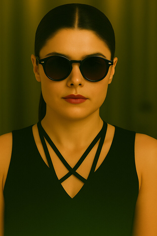 Black Round Frame Sunglasses – Unisex Retro Model with Gold Detail