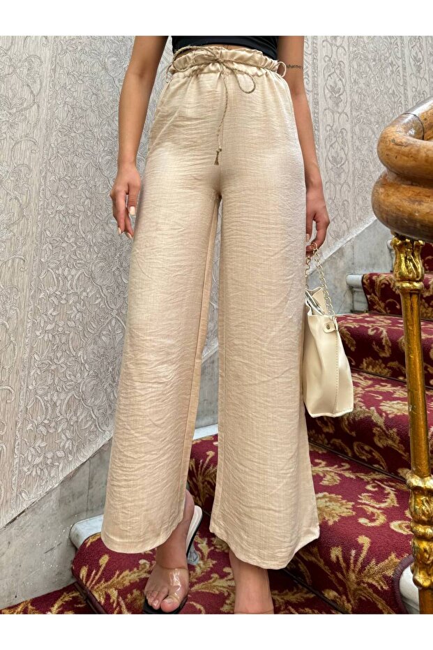 Straw Belt Palazzo Linen Wide Leg Trousers