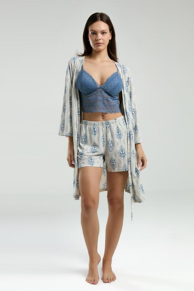 3'lü Ev Giyim, Sabahlık, Dantelli Bralet, Şort Set - 2