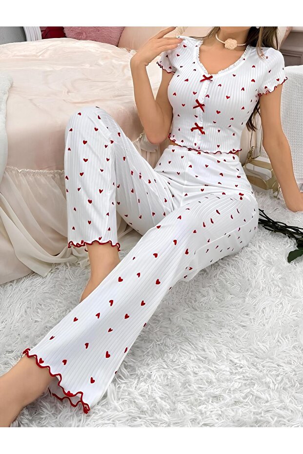 Ideal for Daily Wear with Soft Cotton Comfortable Cut Red Heart Pattern Pajama Set - 1