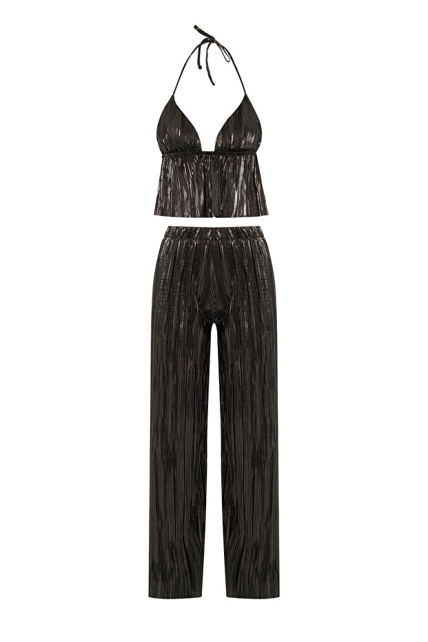 Pleated Black Shiny Bustier Trousers Suit