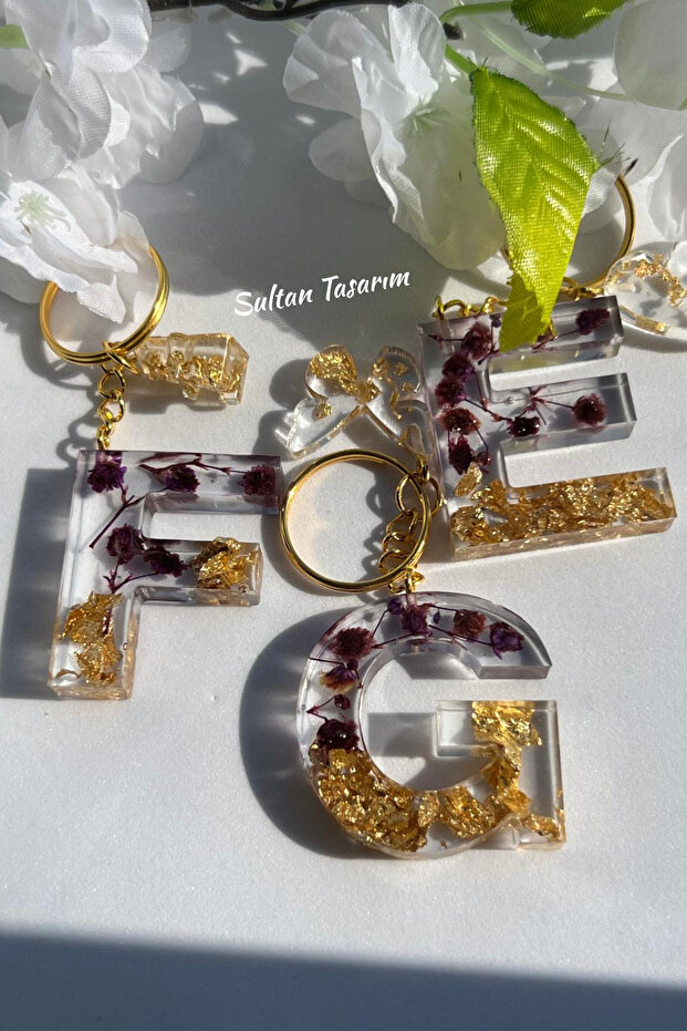 Gold Foil Floral Glittery-Paillette Epoxy Letter - Number Keychains