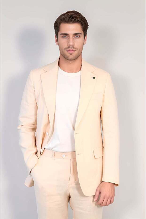 Linen/Mono Collar-Dual Slit Suit Salmon