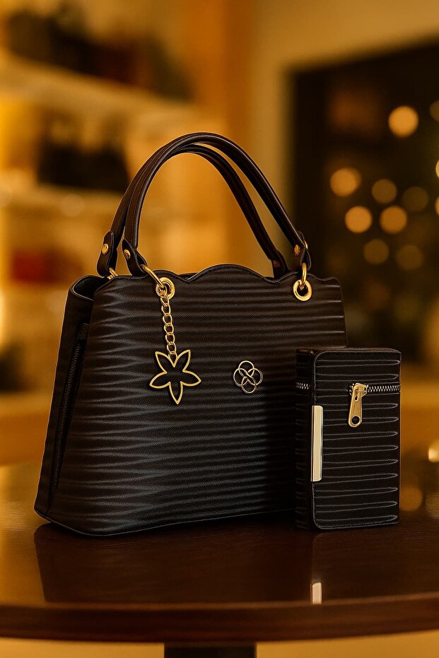 Black 2-Piece Set for Women: Shoulder Bag, Wallet and Card Holder