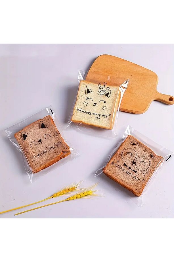 30 ADET SEVİMLİ KEDİLER TASARIMLI TOST, KEK POŞETİ 14x14cm – YAPIŞKANLI AMBALAJ - 4