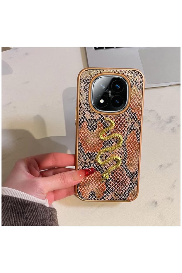 Xiaomi Redmi Note 14 Pro Plus 5g Compatible Case Gold Detailed Serpent Silicone Case Orange