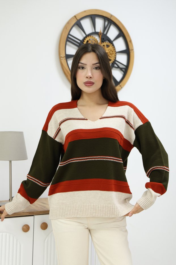 V-Neck Long Sleeve Wide Loose Cut Three Color Skirt Elastic Color Block Basic Seasonal Knitwear Sweater