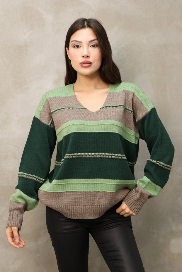 V-Neck Long Sleeve Wide Loose Cut Three Color Skirt Elastic Color Block Basic Seasonal Knitwear Sweater