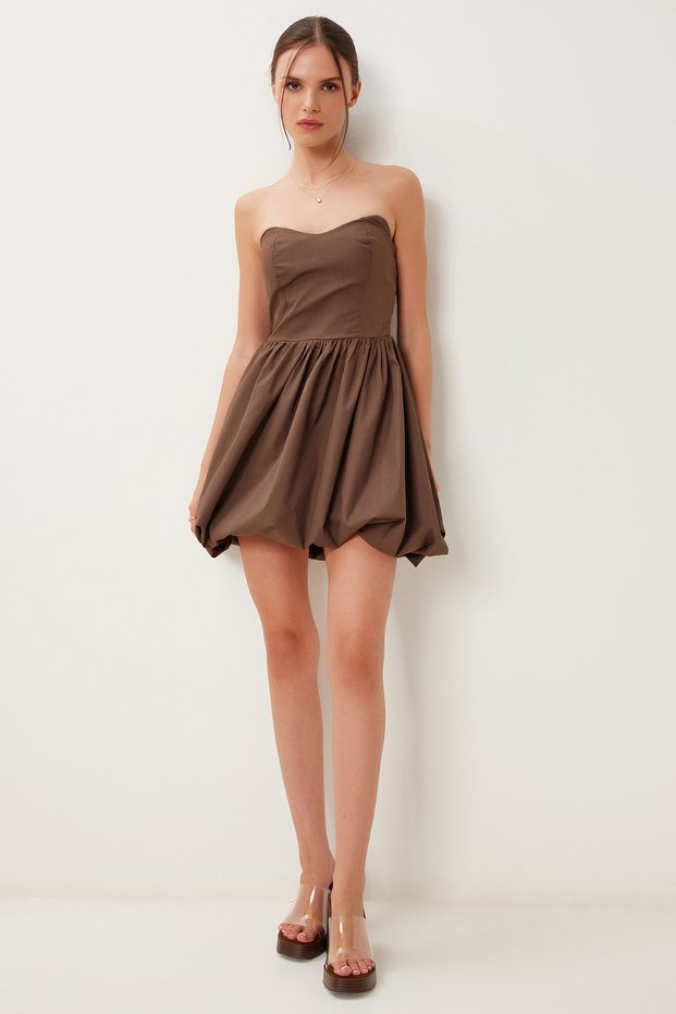 Super Mini Woven Balloon Dress Brown Lfn0100