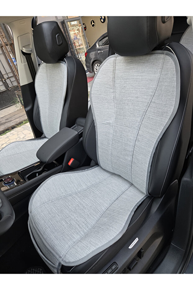 Gray Color Linen Pocket & Sweat-Proof Auto Seat Cushion Set (Front Back Full Set) 7 Pieces Universal
