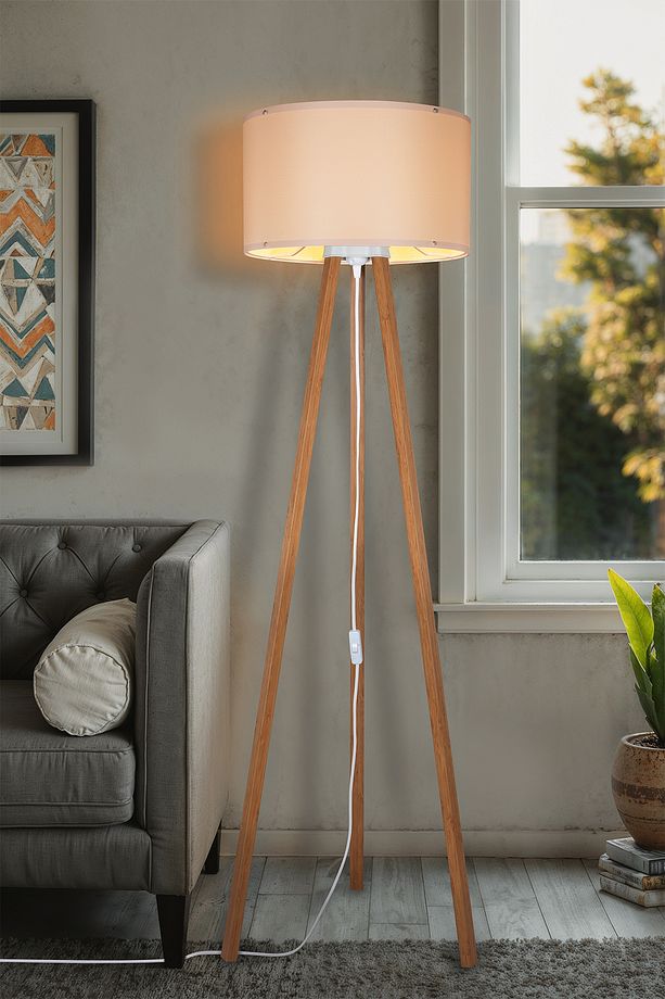Krem Lambader Abajur 3 Ayaklı Tripod Kumaş Ahşap Üç Ayak - 1