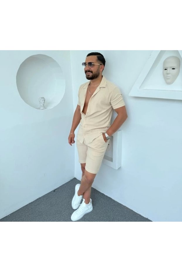 Alaçatı Style Wrinkled Crinkle Fabric Summer Lycra Men's Short Sleeve Shirt and Shorts Set