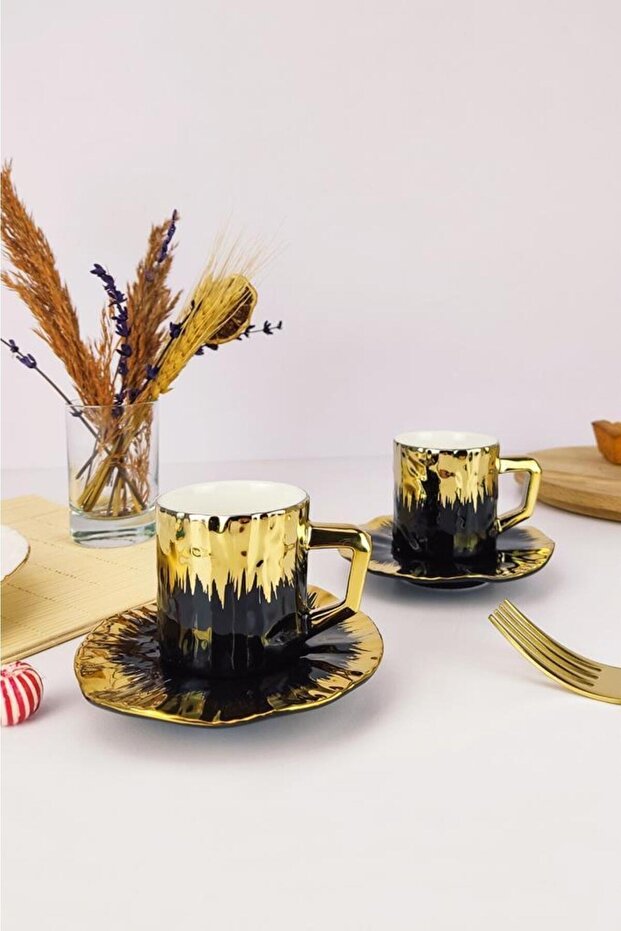 Porcelain 6-Person Gilded Coffee Cup Set Black Gold