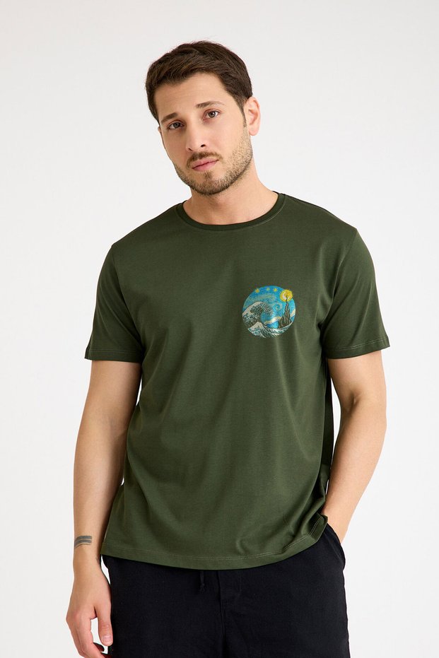 Unisex Khaki T-Shirt Starry Night Great Wave Hokusai Van Gogh Art Painting Art Front Printed T-Shirt