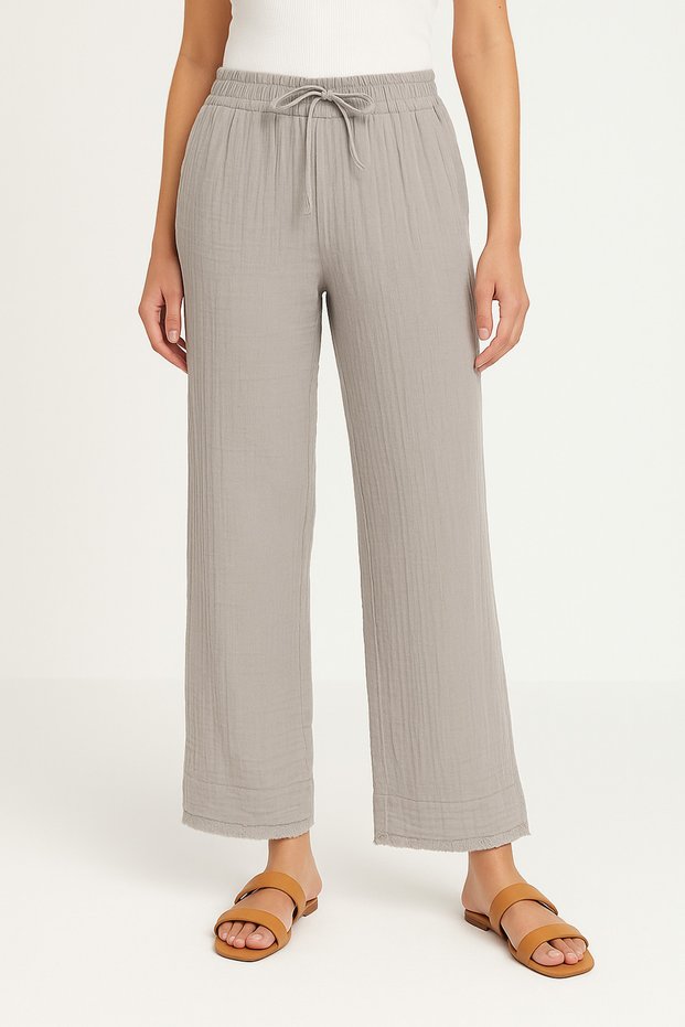 Women's Linen Stone Color Muslin Wide Leg Trousers