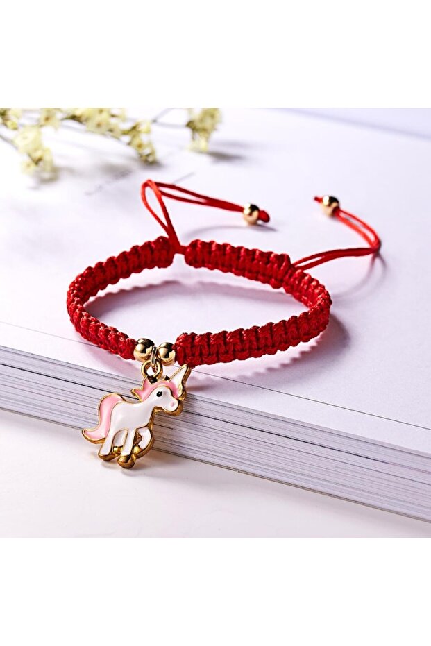 - Handmade string bracelet with unicorn-shaped pendant, adjustable size, red - 3