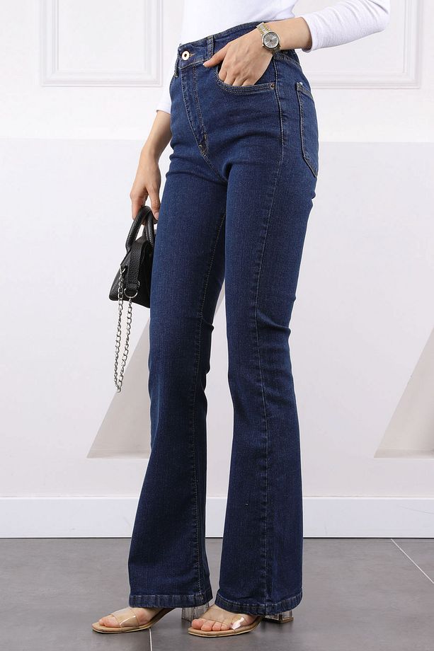 Koyu Mavi Yüksek Bel İspanyol Paça Jeans Pantolon - 2