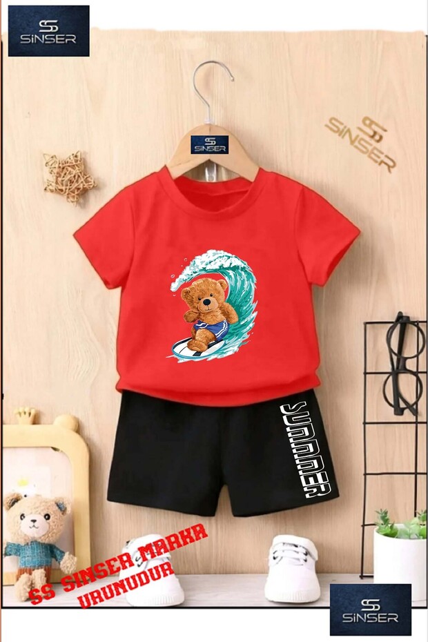 Children's Unisex “Bear Sorted Sorf“ Special Printed Crew Neck T-Shirt - Shorts Set