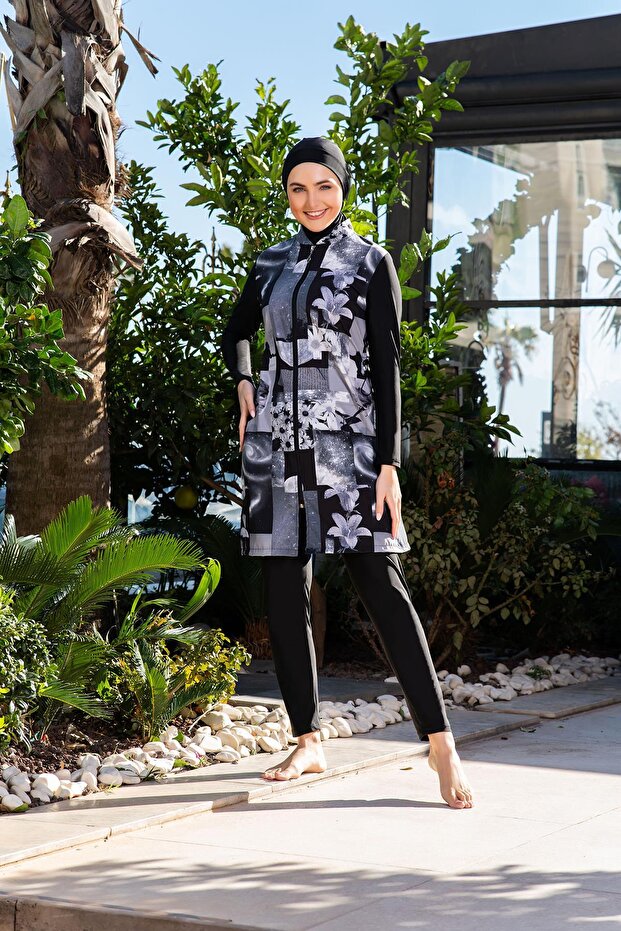 Your Name Black Zipper Hijab Swimsuit Set – Floral Pattern, 3 Pieces, Long Sleeve C1T2N2O52-1