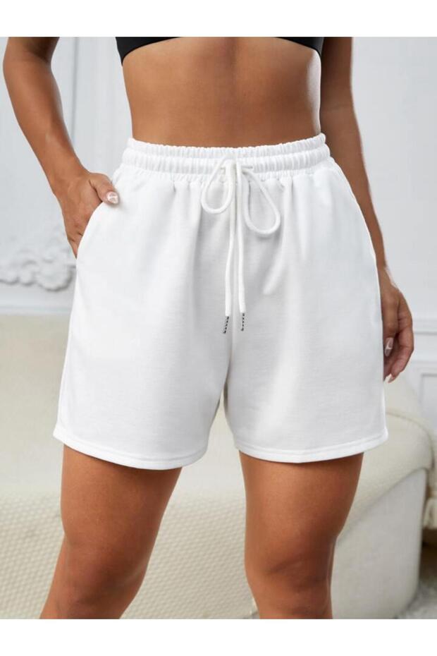 Kadın Beyaz Şort Rahat Kalıp Düz Basıc Pamuklu Kumaş - 1