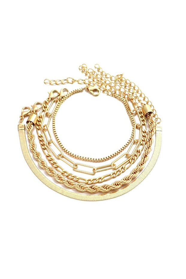 Trendy Multi-Layer Stacking Chain Bracelet Set 5-Piece Gold Colour Plated Alloy