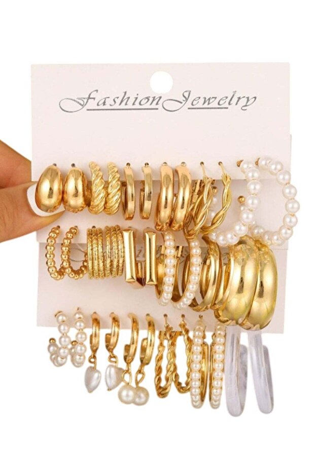 18-Piece Gold Colour Hoop & Pearl Earrings Set