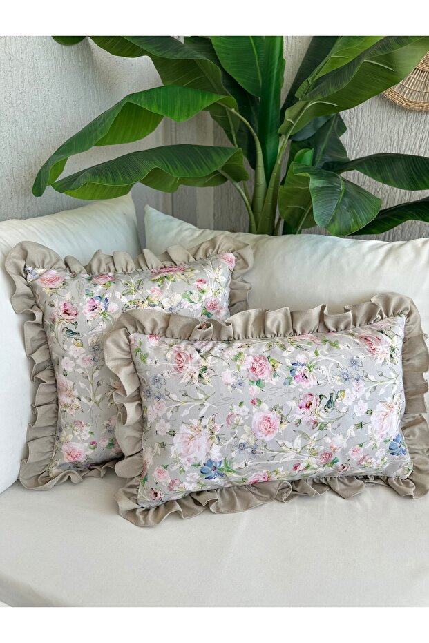 Retro Rose Patterned Beige Ruffle Throw Pillow Case - 5