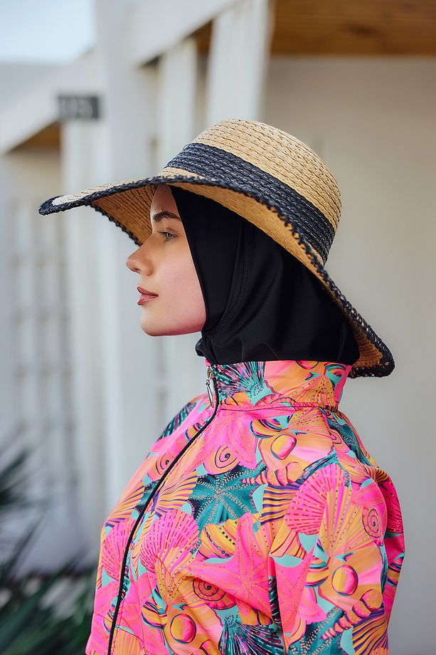 Zigzag Şerit Detaylı Hasır Plaj Şapkası RŞ-2103 Camel03 - 5