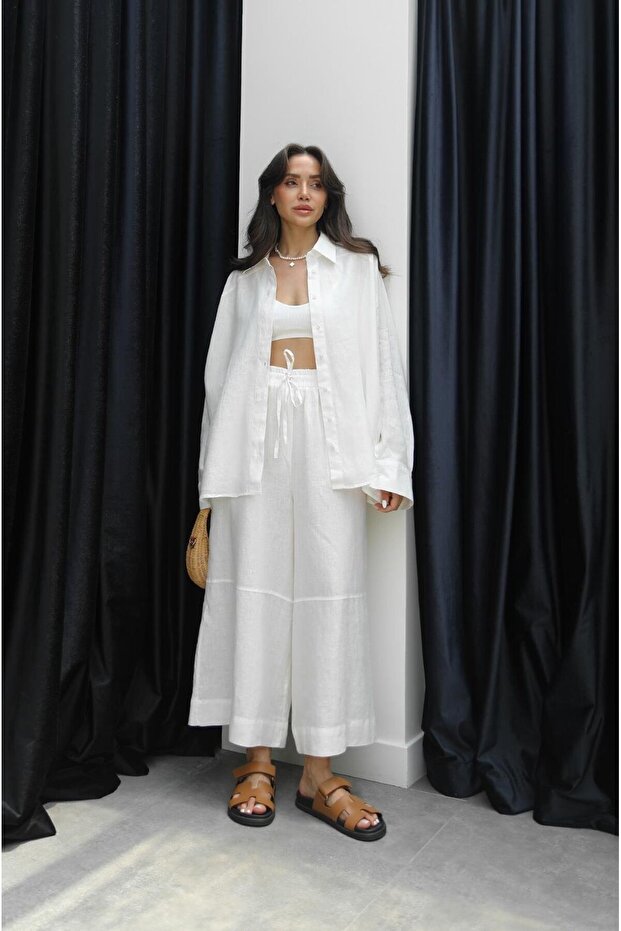 White Stitching Detailed 100% Linen Trousers