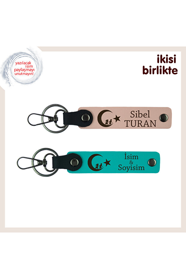 Gift to Give on Visits – Children and Crescent Star Leather Keychain Set X2, Puppy Mouth-Turquoise