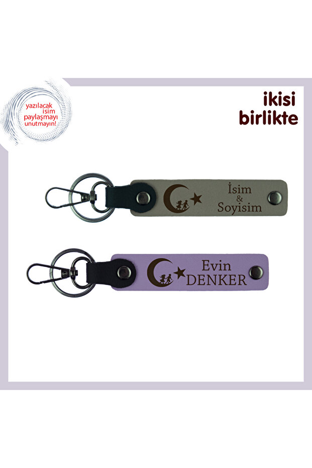 2-Piece Keychain with Child and Crescent Star Themed Name Written, Gray-Purple, Gift from Teacher to Student