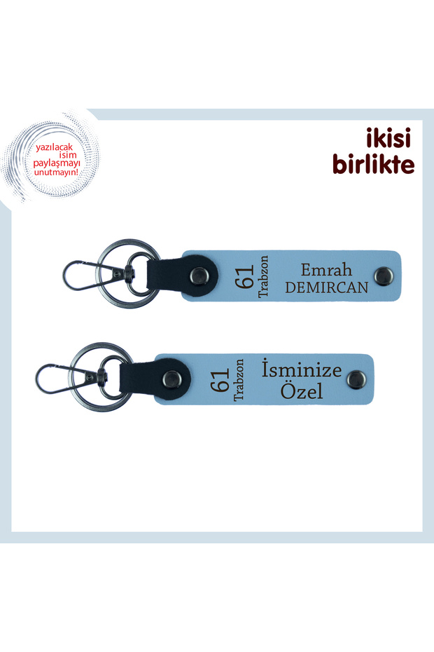 Trabzonlu Sevgiliye Birthday Gift, 61 Written Leather Keychain Set of 2, Sky Blue-Sky Blue