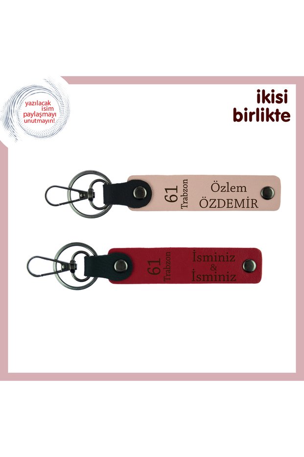Two Hearts from One Neighbor, 61 Trabzon Written Leather Keychain X2 Gift, Puppy Mouth-Red