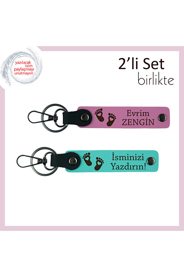 Set of 2 Leather Keychains with Heart and Foot Pattern, Your Baby's Name Can Be Printed, Pink-Turquoise
