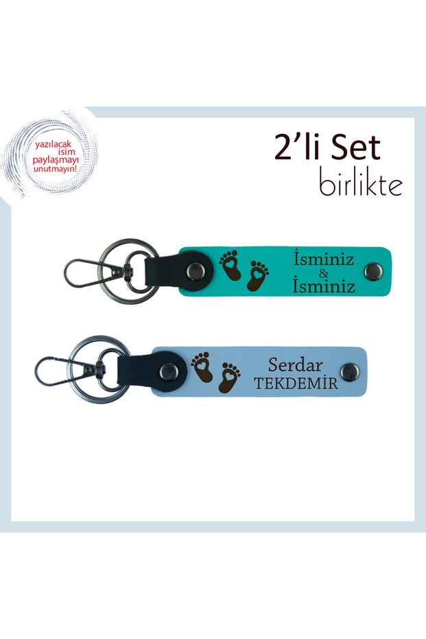 Heart Foot Themed Keychain Ready to Use with Baby's Name, Set of 2 Souvenirs, Dark Turquoise-Sky Blue