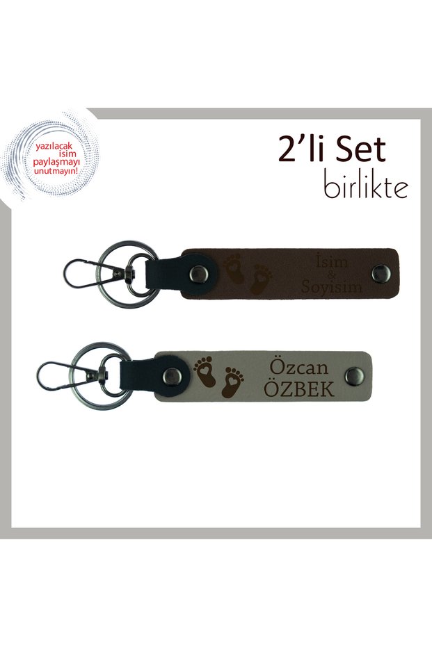 Special Heart Foot Patterned Gift Keychain Set for Those Who Embrace Their First Child, Dark Brown-Ash Gray