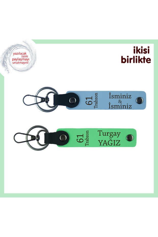 Leather Keychain Suitable for Trabzonlu Sevdikler X2, Print Your Name, Sky Blue-Pistachio Green