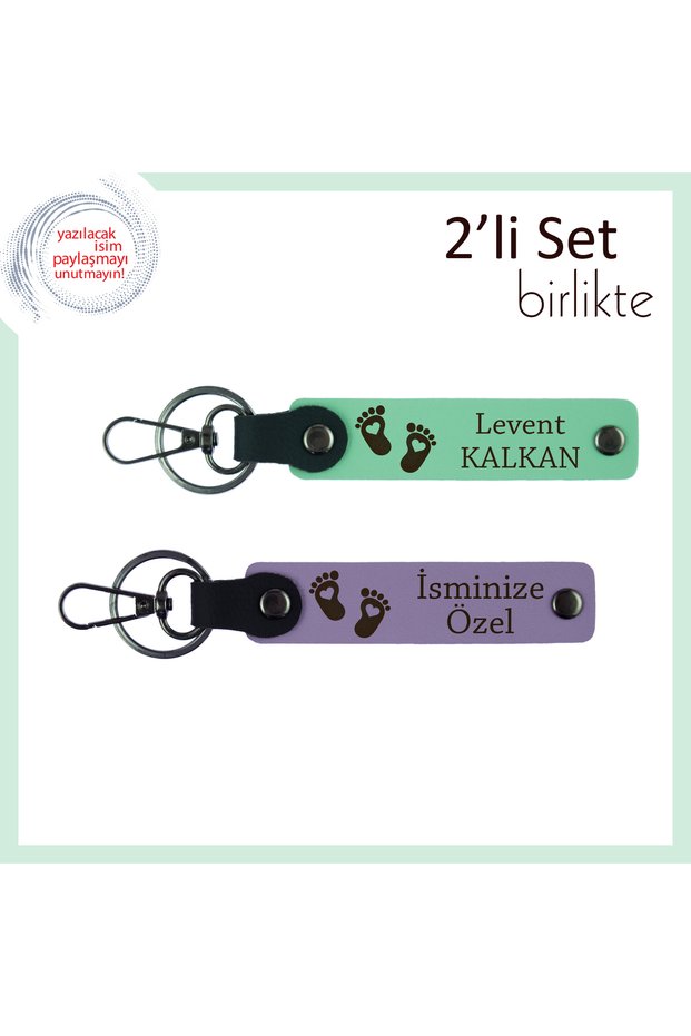 To Those Looking for a Newborn Baby Gift, Heart Baby Foot Patterned Keychain with Name Written, a Green-Purple