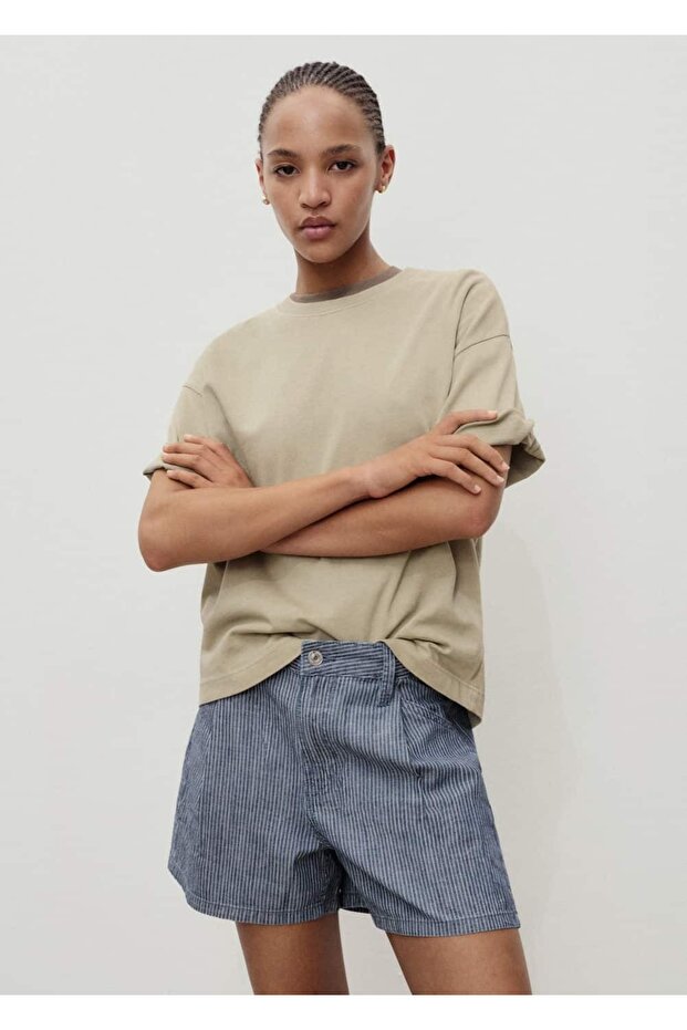 Çizgili pileli denim şort - 6