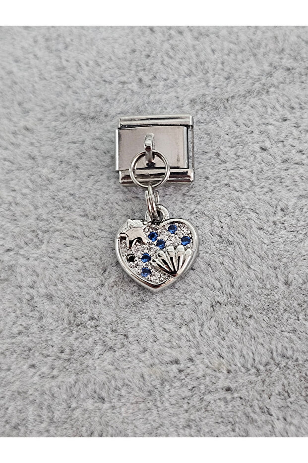 Blue Stone Sea Themed Heart Dangle Italian Bracelet Charm