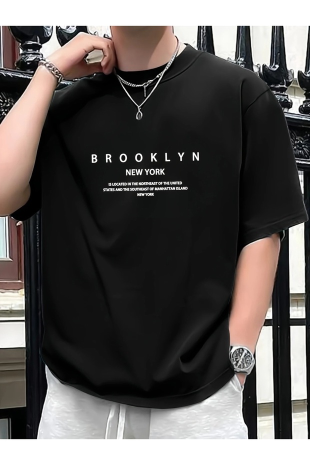 Unisex Women/Men Oversized Printed Cotton Crew Neck Short Sleeve BLACK T-shirt