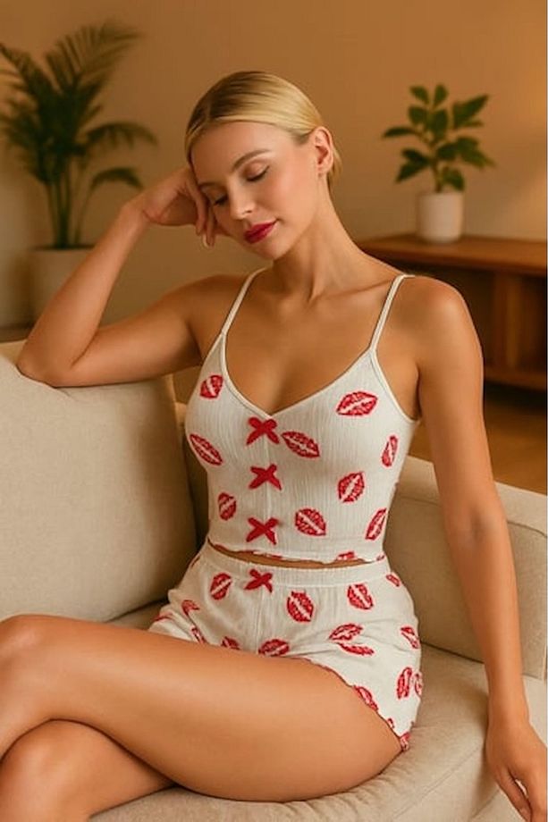 Dudak Desenli Şortlu Pijama Takımı - 2