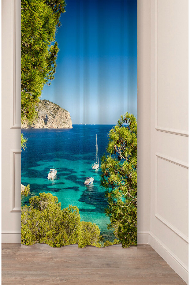 Sea Forest Water Beach Rock White Ship Landscape Special Design Digital Printed (Single Wing) Stylish Background Curtain