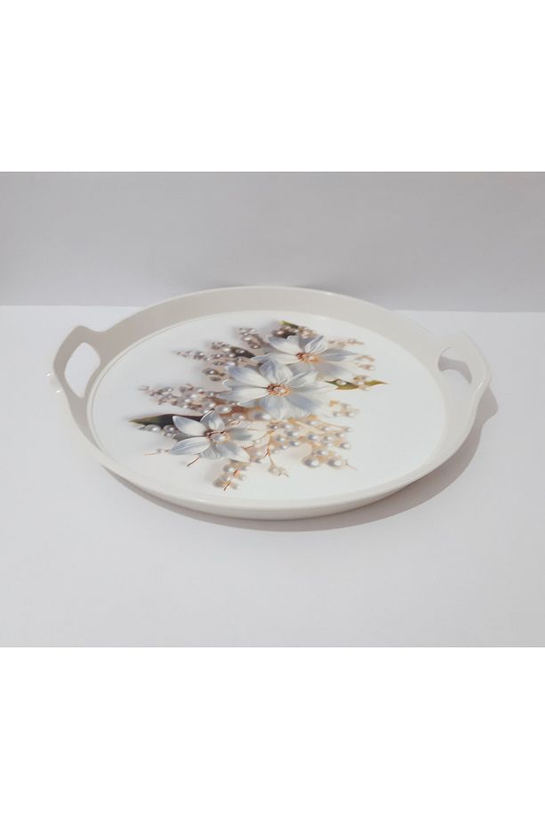 Çay Tepsi 32x34x3 CM Yuvarlak Plastik Çay Tepsisi Sunum Tepsi - 3