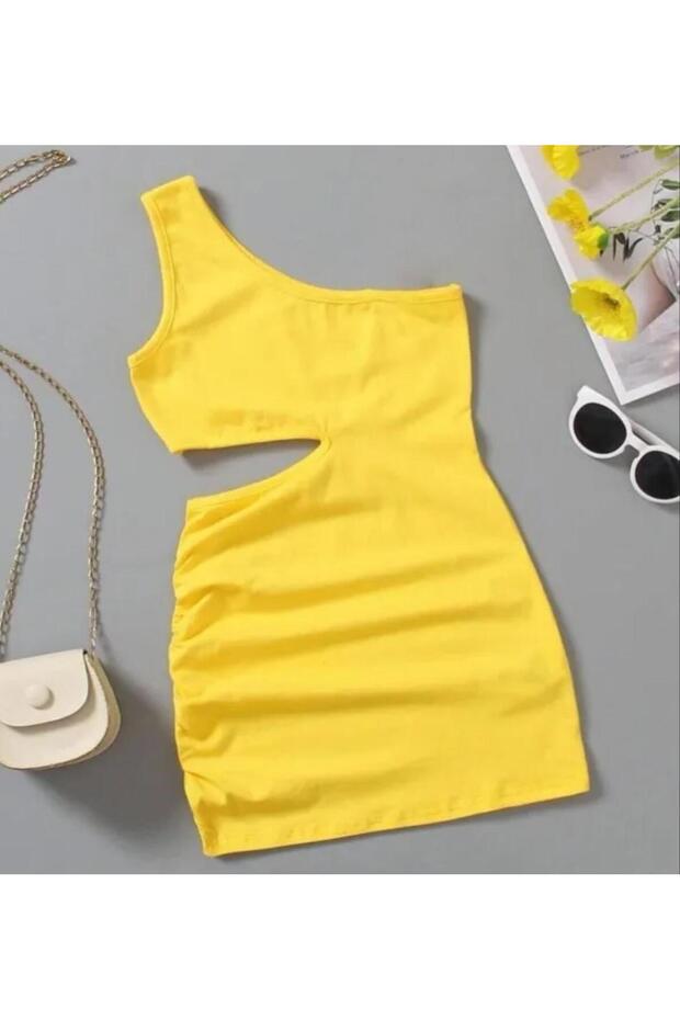 Girl's One Shoulder Low-Cut Detail Mini Strap Dress