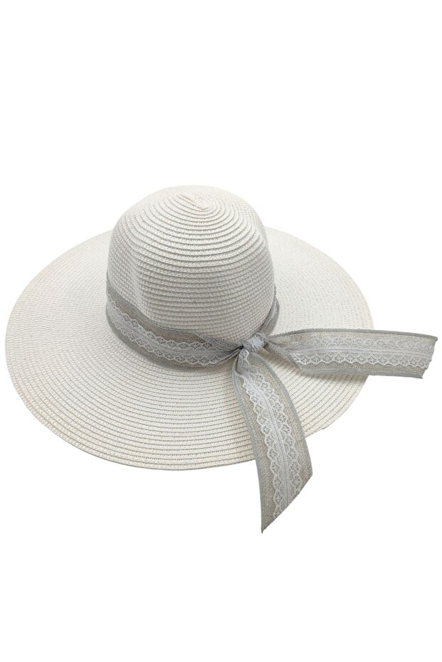 Women's White Color Bow Lace Detailed Straw Beach Hat Beach Hat