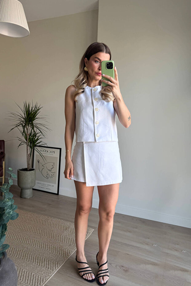 White Buttoned Linen Vest Shorts Skirt Suit